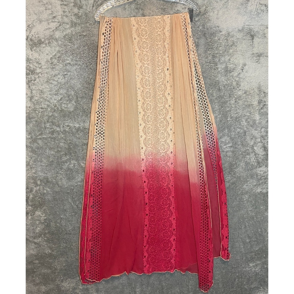 Womens Red Beige Ombre Dupatta Scarf Crochet Boho Festival Ethnic Traditional - Picture 4 of 9